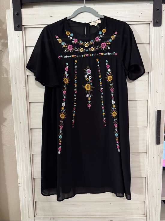 entro Dresses & Skirts - entro Black Dress with Pink, Yellow & Teal Floral Embroidery